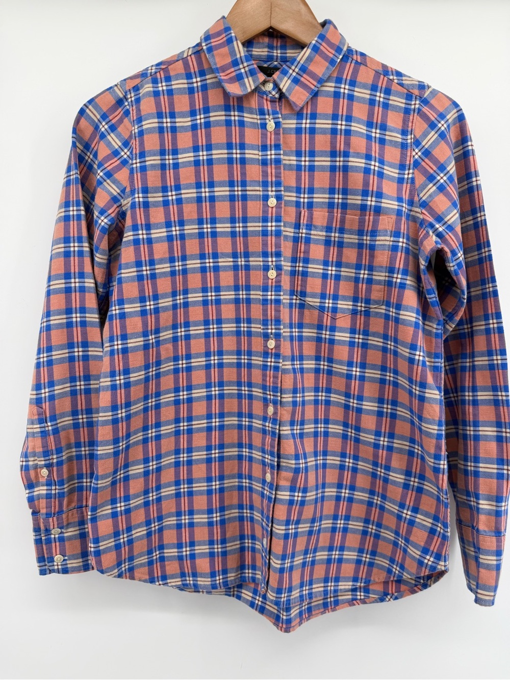 J. Crew Coral and Blue Plaid Button-Down Shirt